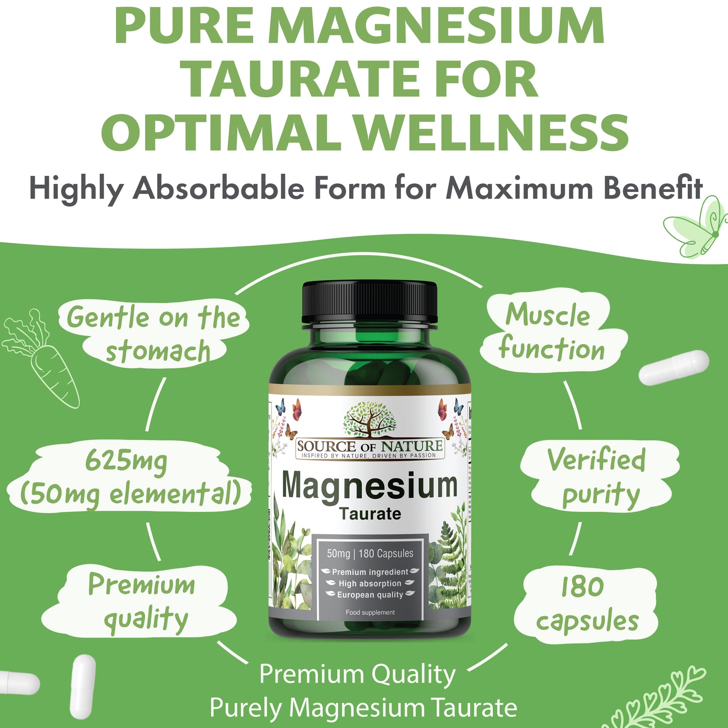Magnesium Taurate 625mg | 180 Capsules | 3-Month Supply