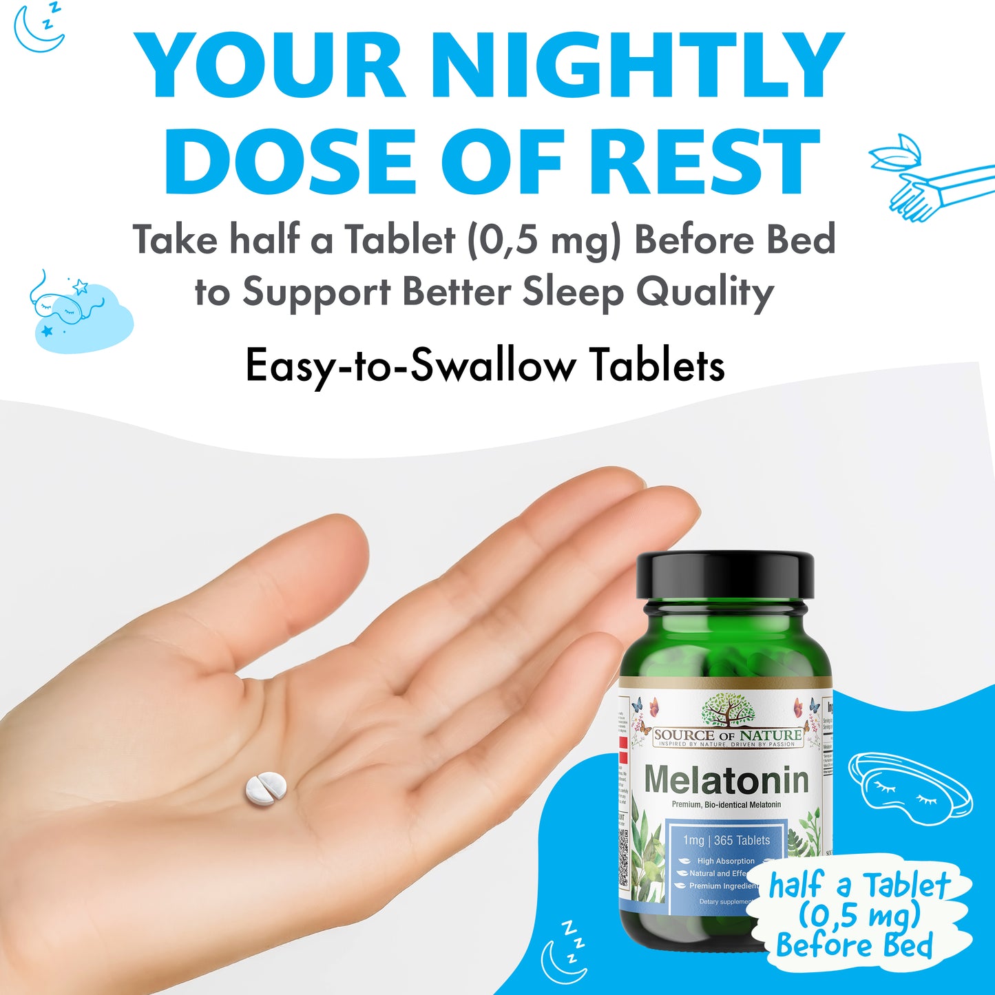 365 Premium Melatonin Tablets | 2 Year Supply | 0,5mg per dose (½ tablet) | High dose | No unwanted additives | 100% Vegan | Made in DK | 100% Vegan | 3rd Party Tested