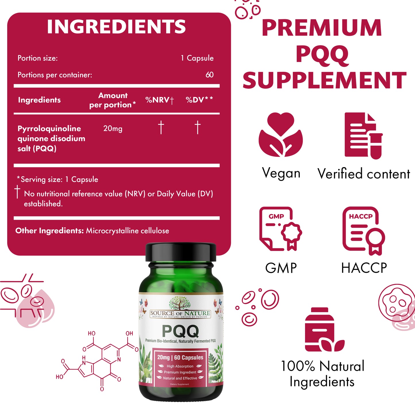 Source of Nature® | 20mg PQQ | 60 Capsules | 2 Month Supply | Premium Bio-Identical Pyrroloquinoline quinone| High dose | No unwanted additives | Made in DK | 3rd Party Tested