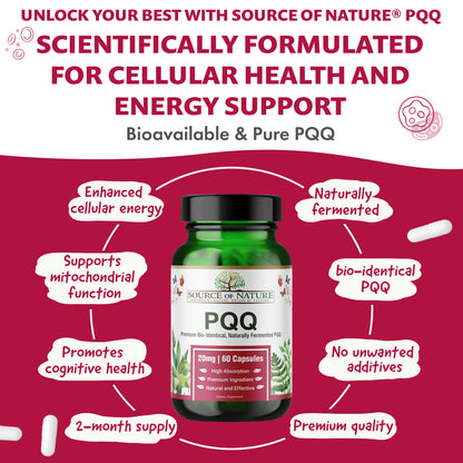 Source of Nature® | 20mg PQQ | 60 Capsules | 2 Month Supply | Premium Bio-Identical Pyrroloquinoline quinone| High dose | No unwanted additives | Made in DK | 3rd Party Tested