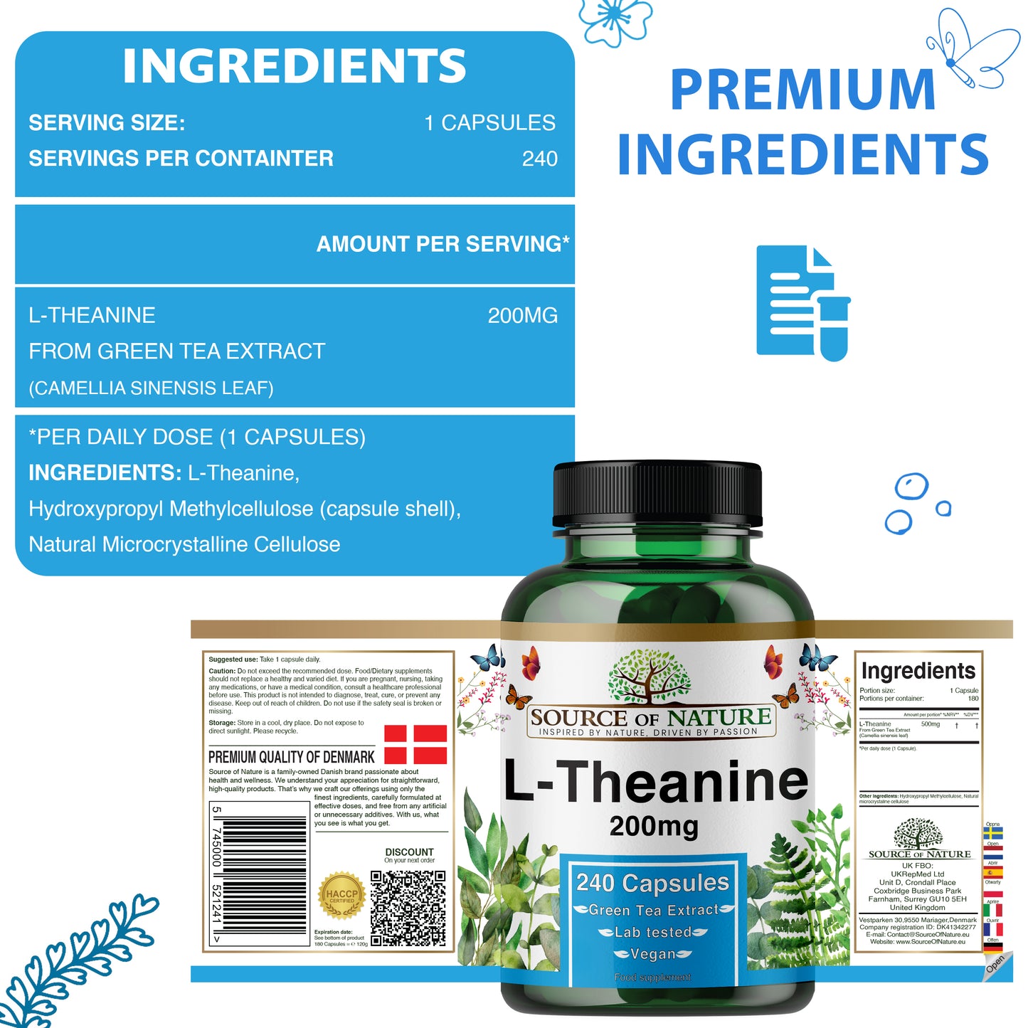 L-Theanine 200 mg – 240 Vegan Capsules – High Strength Amino Acid from Green Tea | 8-Month Supply | 98% Pure, No Additives