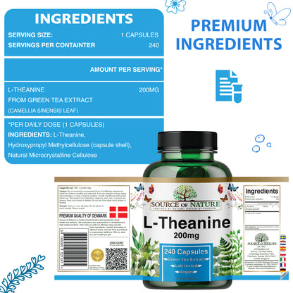 L-Theanine 200 mg – 240 Vegan Capsules – High Strength Amino Acid from Green Tea | 8-Month Supply | 98% Pure, No Additives