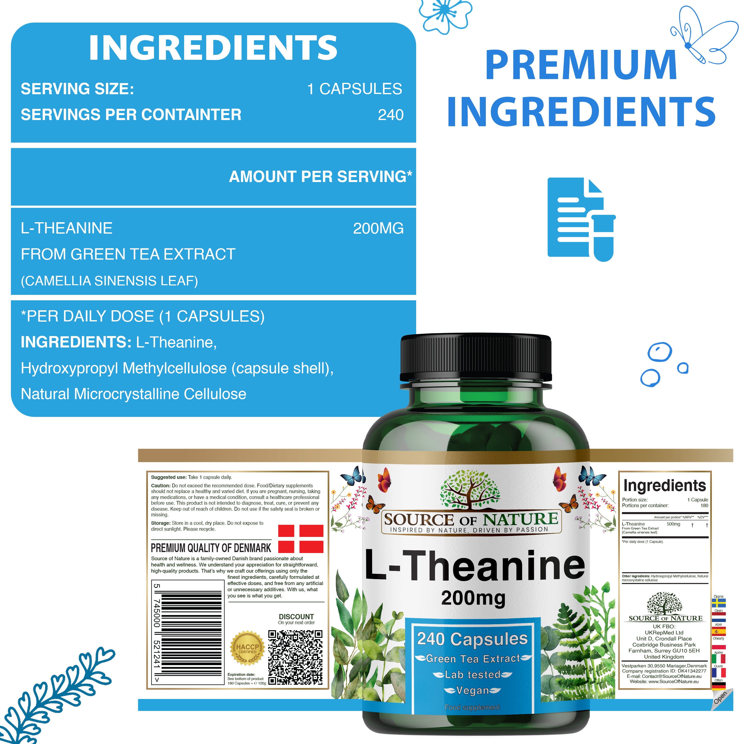 L-Theanine 200 mg – 240 Vegan Capsules – High Strength Amino Acid from Green Tea | 8-Month Supply | 98% Pure, No Additives