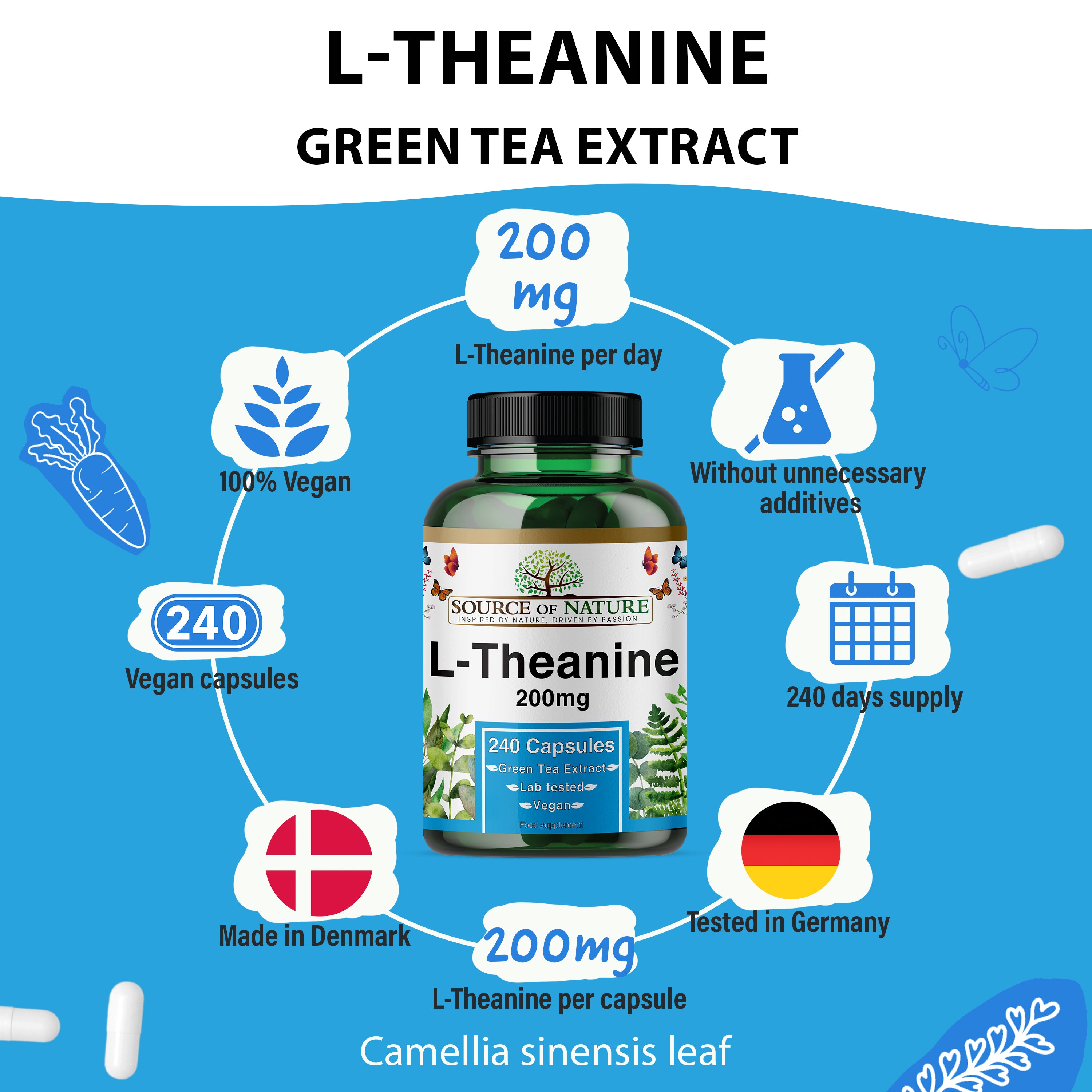 L-Theanine 200 mg – 240 Vegan Capsules – High Strength Amino Acid from Green Tea | 8-Month Supply | 98% Pure, No Additives