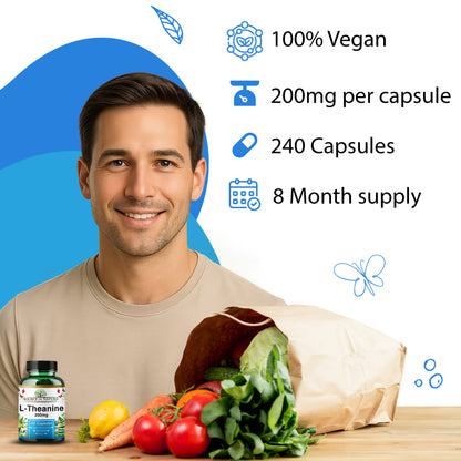 L-Theanine 200 mg – 240 Vegan Capsules – High Strength Amino Acid from Green Tea | 8-Month Supply | 98% Pure, No Additives