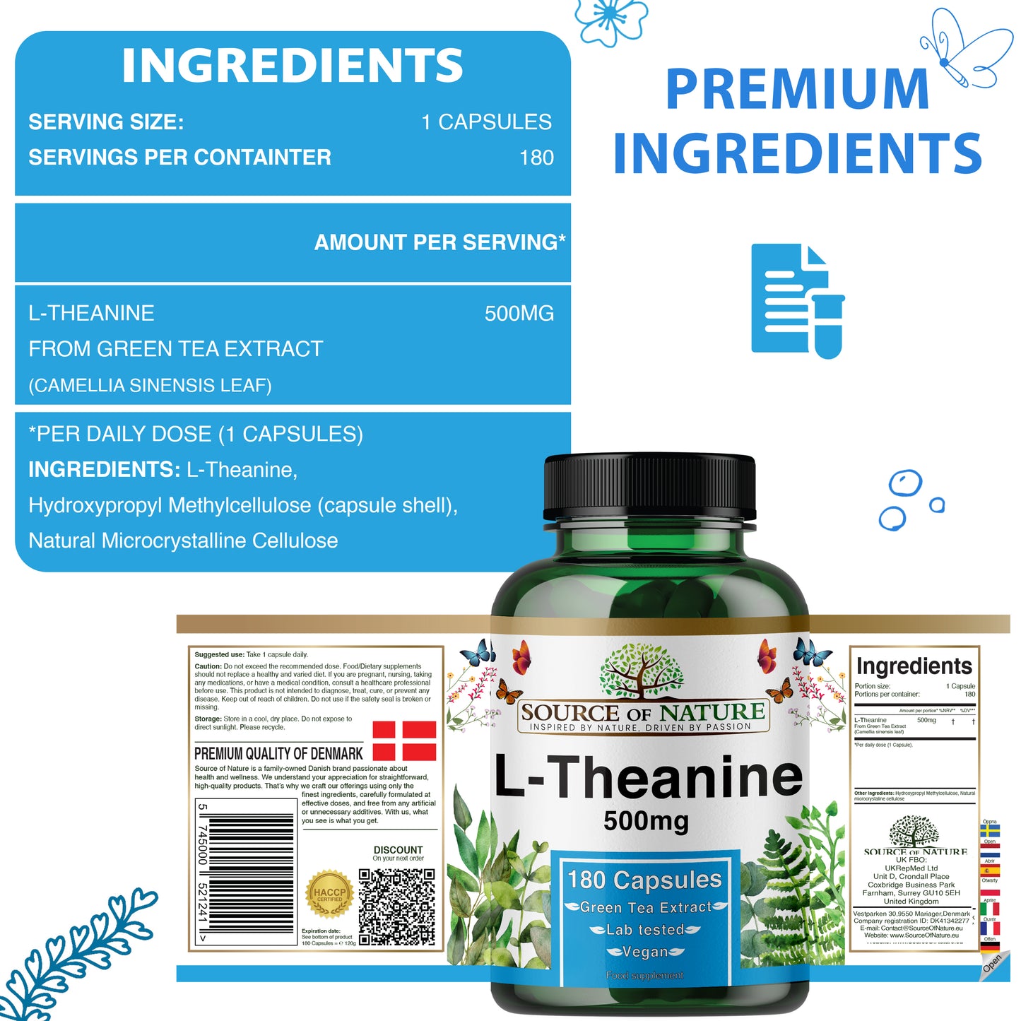 L-Theanine 500 mg – 180 Vegan Capsules – High Strength Amino Acid from Green Tea | 3-Month Supply | 98% Pure, No Additives