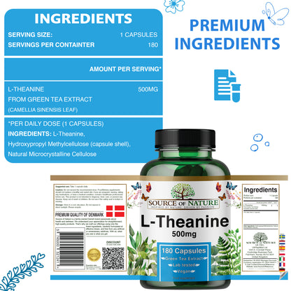 L-Theanine 500 mg – 180 Vegan Capsules – High Strength Amino Acid from Green Tea | 3-Month Supply | 98% Pure, No Additives