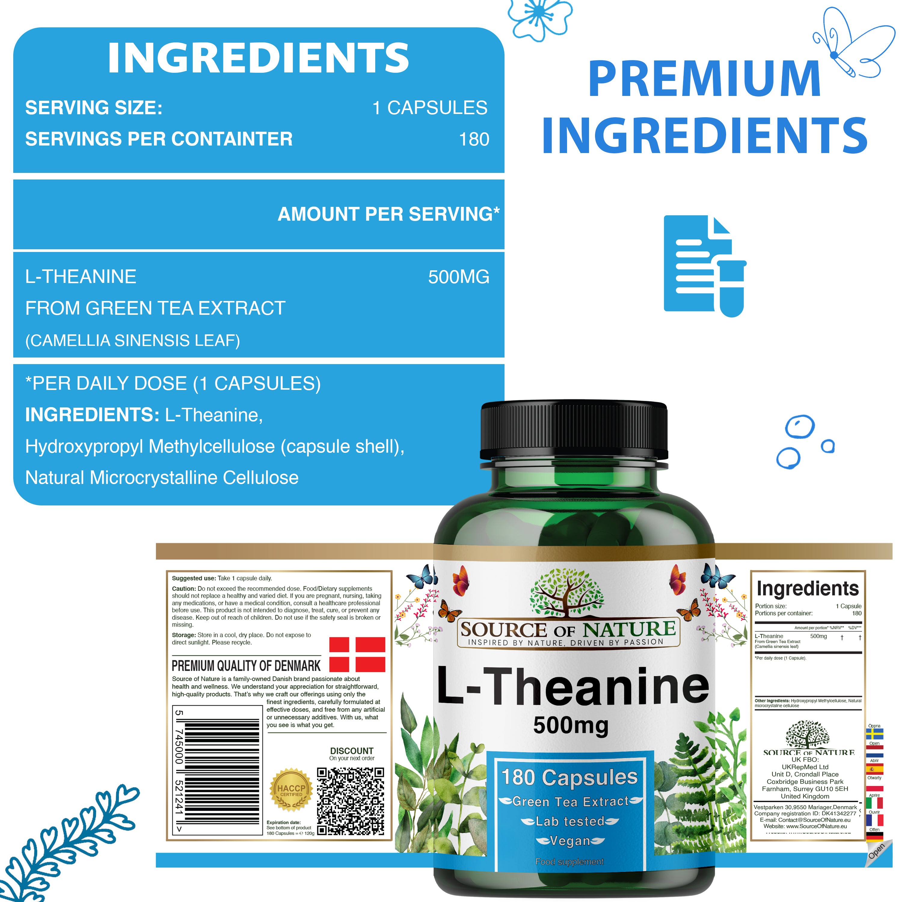 L-Theanine 500 mg – 180 Vegan Capsules – High Strength Amino Acid from Green Tea | 3-Month Supply | 98% Pure, No Additives