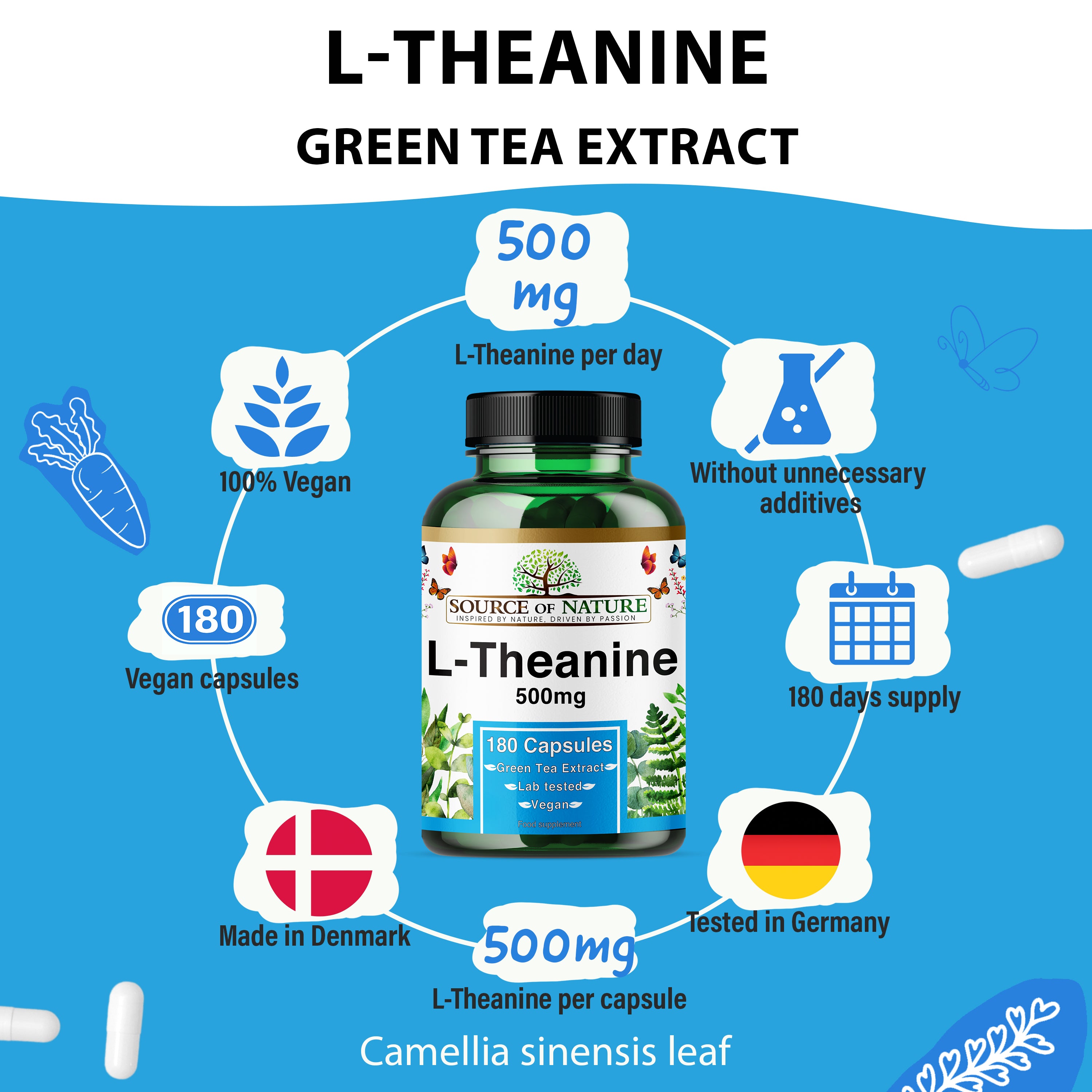 L-Theanine 500 mg – 180 Vegan Capsules – High Strength Amino Acid from Green Tea | 3-Month Supply | 98% Pure, No Additives