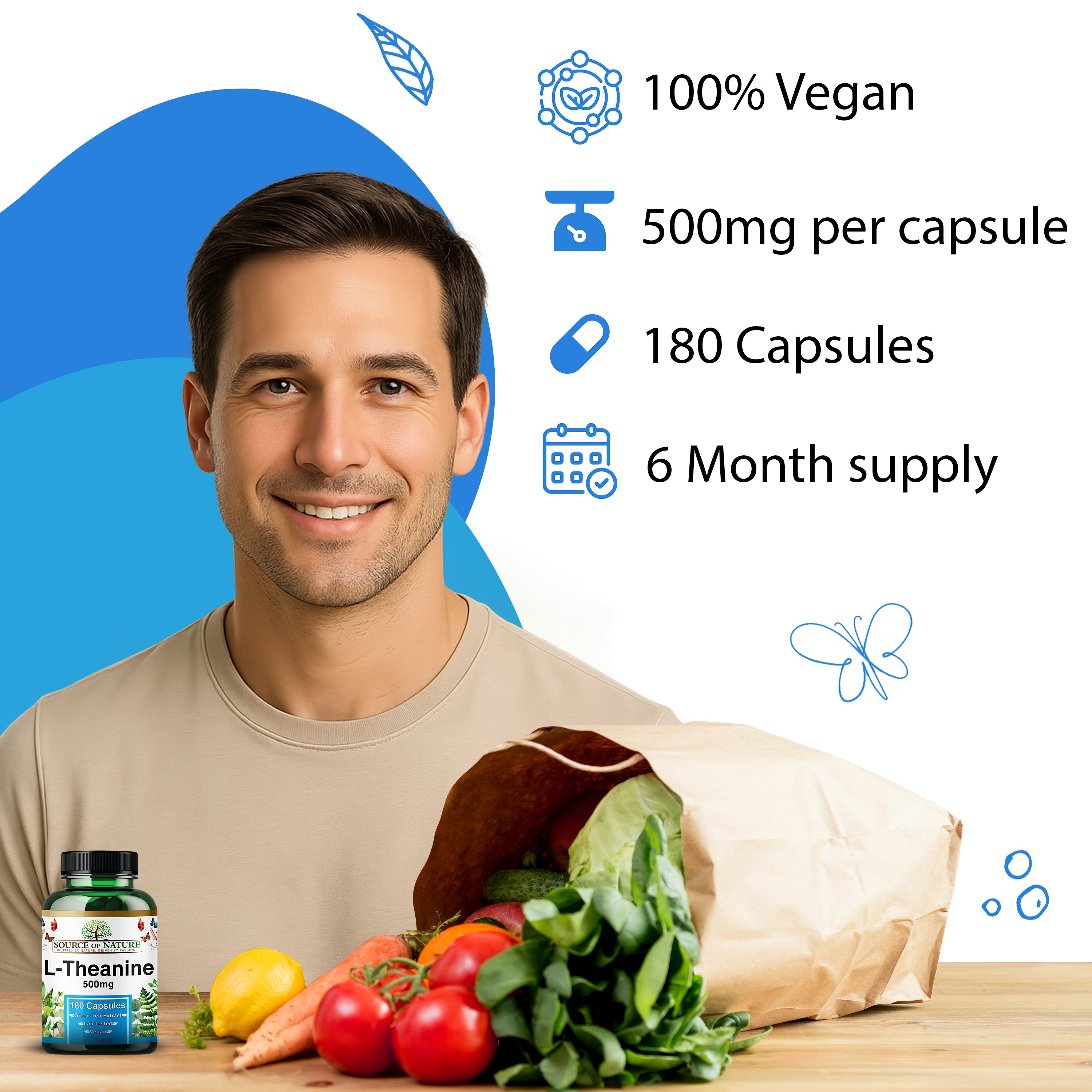 L-Theanine 500 mg – 180 Vegan Capsules – High Strength Amino Acid from Green Tea | 3-Month Supply | 98% Pure, No Additives