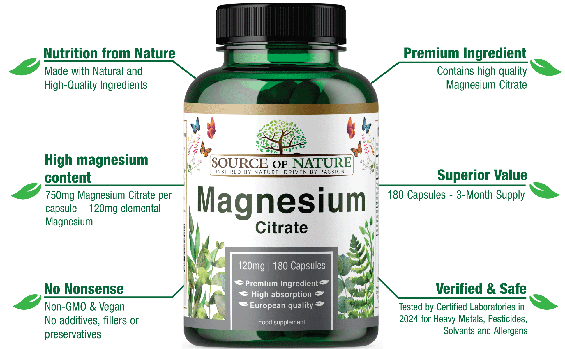 Magnesium Citrate 750mg | 180 Capsules | 3-Month Supply - Source of Nature