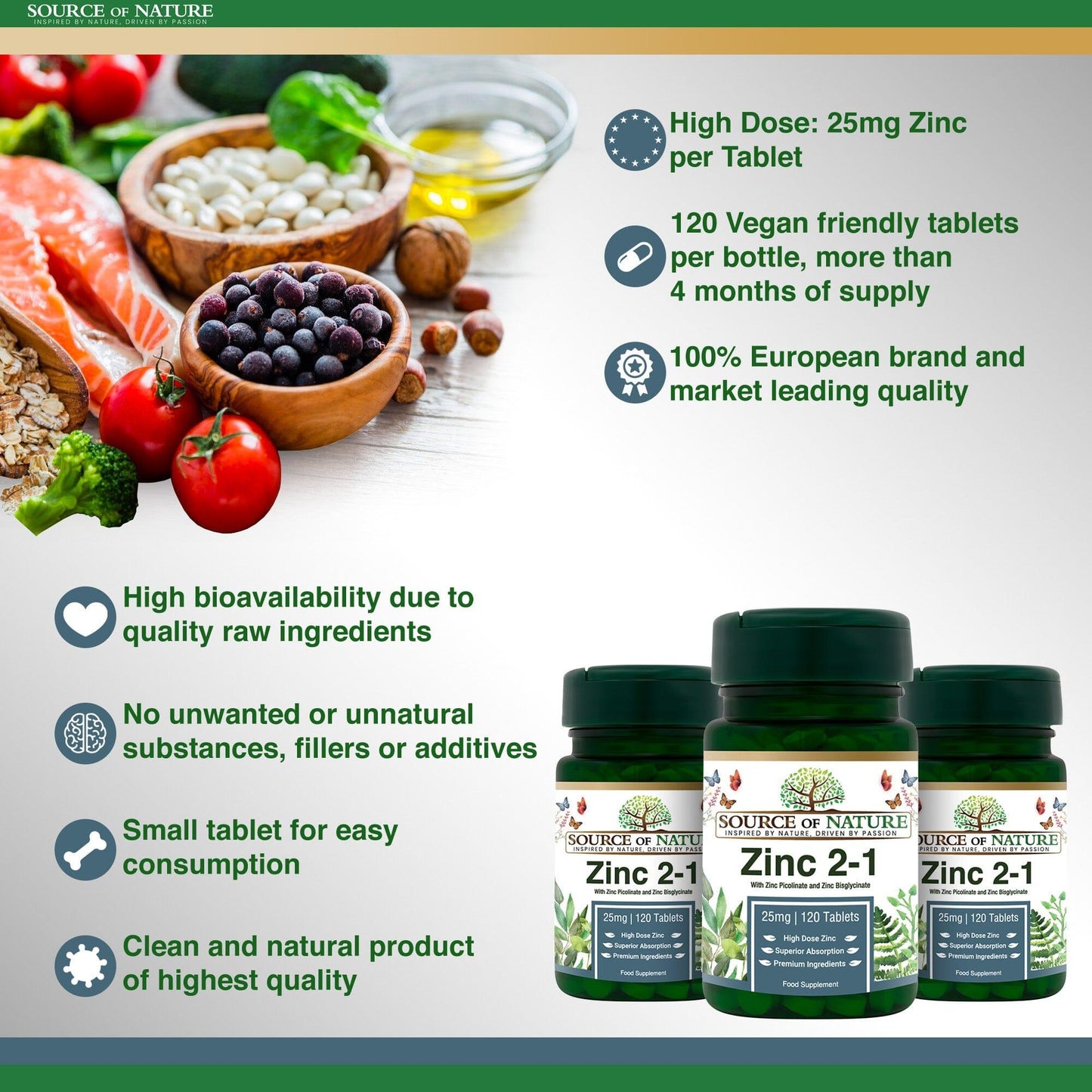 2-in-1 Zinc 25mg | 120 Tablets | 4-Month-Supply - Source of Nature