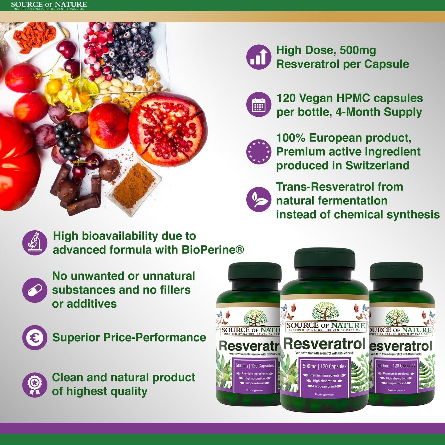 Resveratrol 500mg | 120 Capsules | 4-month Supply - Source of Nature